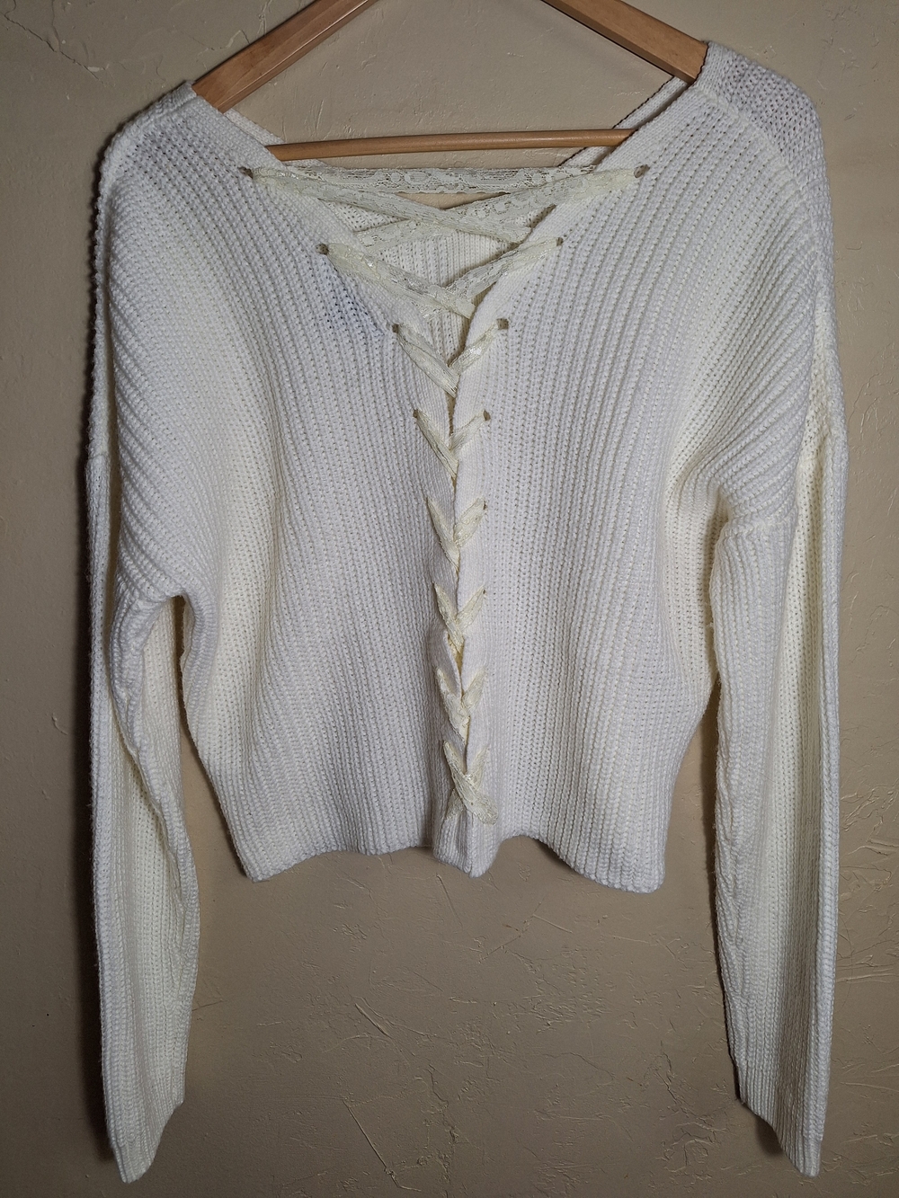 derek♡heart Womens Ivory Knit V-Neck Lace-Up Back Pullover Sweater L Acrylic
